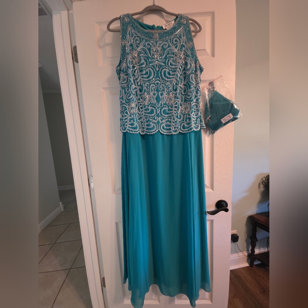 J Kara Aqua and Silver Embellished Gown